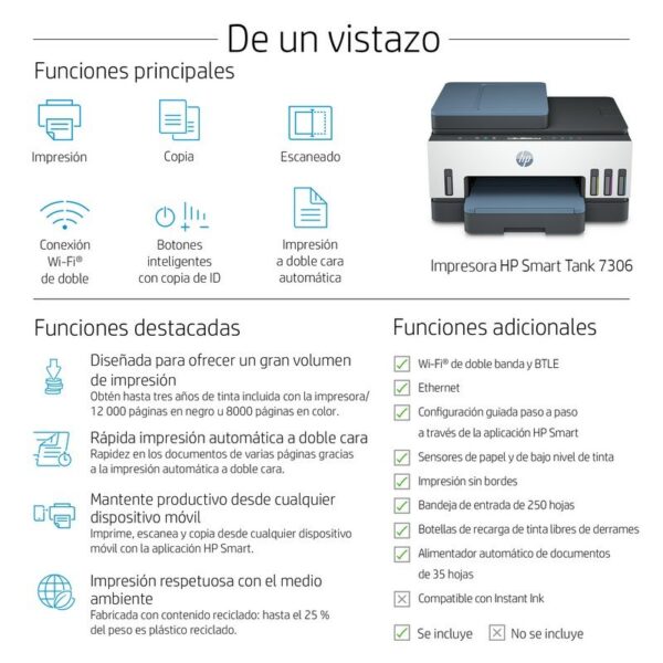 HP Smart Tank 7306 Impresora Multifunción Color Dúplex WiFi Reacondicionado